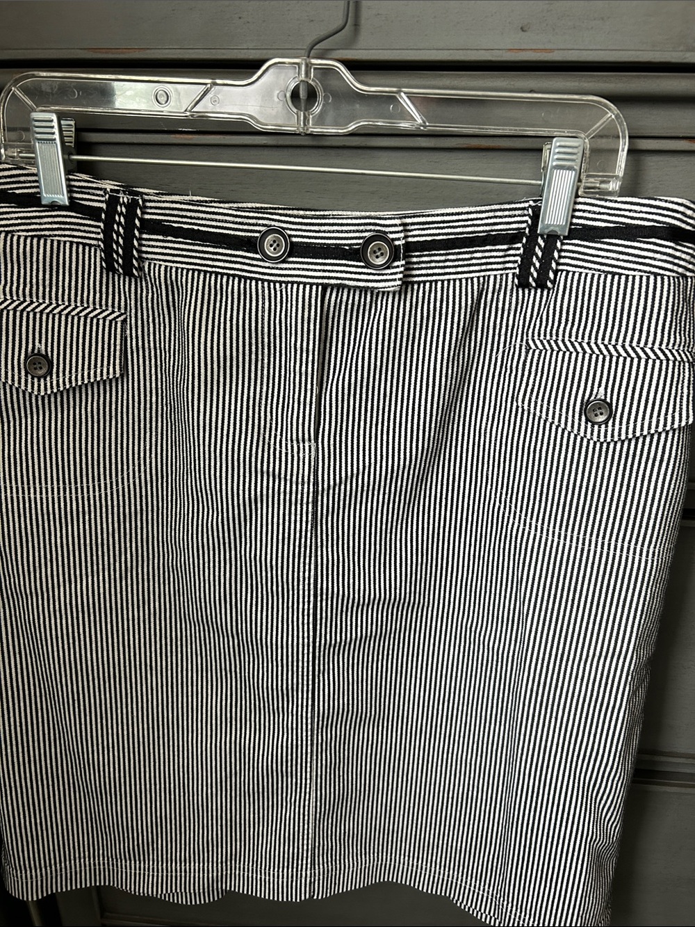 Black & White Pinstripe Mini Skirt with Front Button Detail